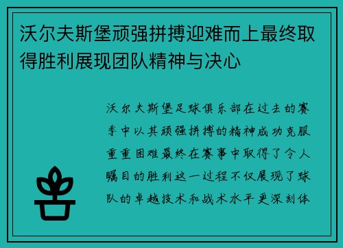 沃尔夫斯堡顽强拼搏迎难而上最终取得胜利展现团队精神与决心