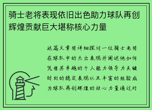 骑士老将表现依旧出色助力球队再创辉煌贡献巨大堪称核心力量