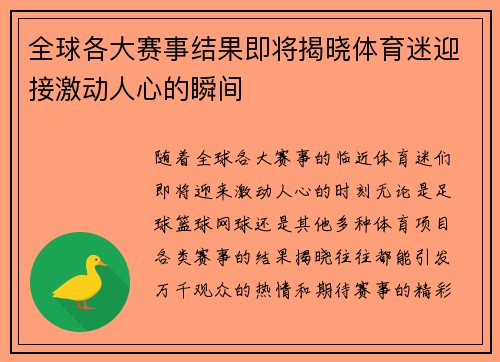 全球各大赛事结果即将揭晓体育迷迎接激动人心的瞬间