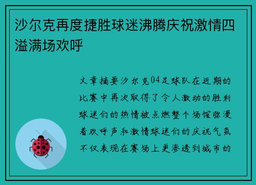 沙尔克再度捷胜球迷沸腾庆祝激情四溢满场欢呼